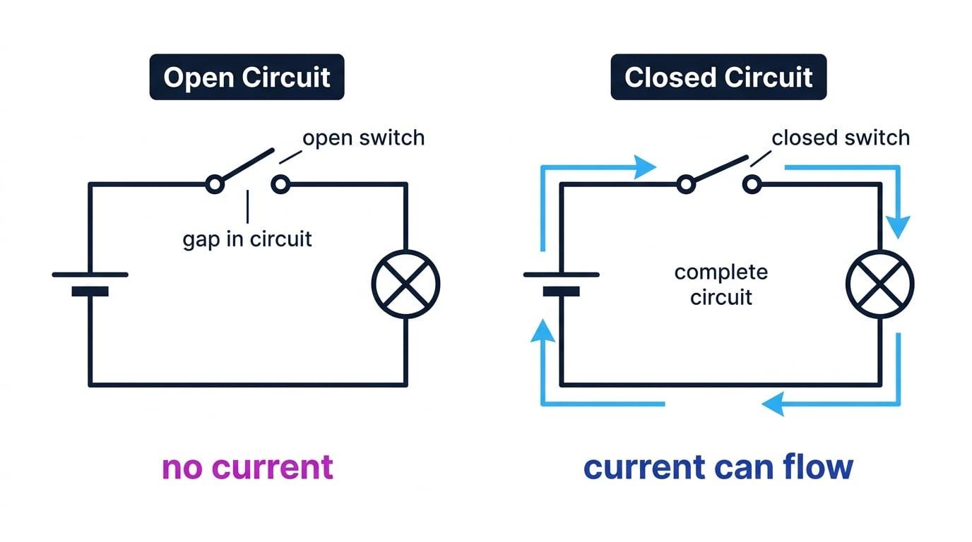 Side-by-side open and closed circuits with a cell, lamp and switch, showing a gap in the open circuit and arrows around the complete circuit