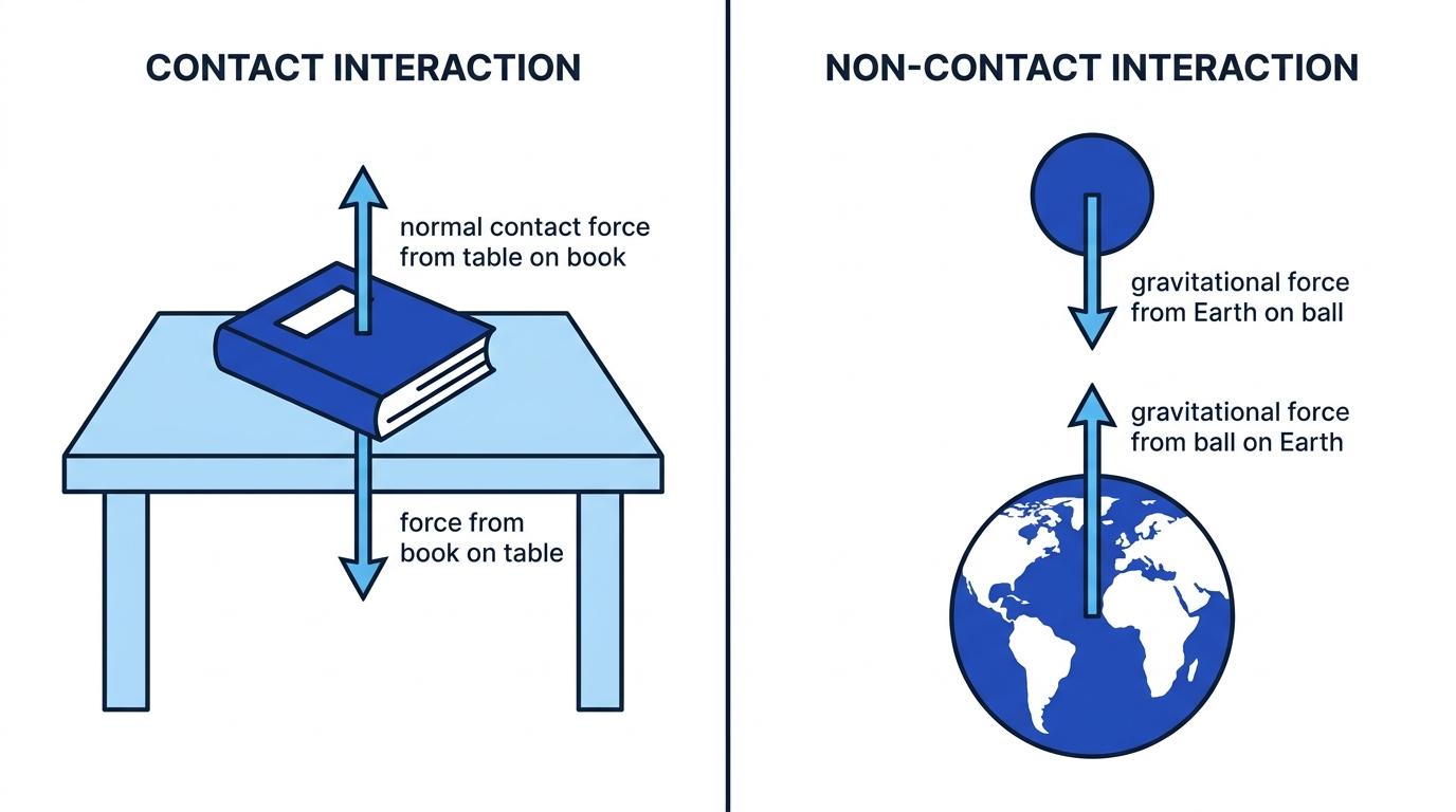 Comparison of a book on a table showing a normal contact force and a ball above Earth showing a gravitational interaction pair