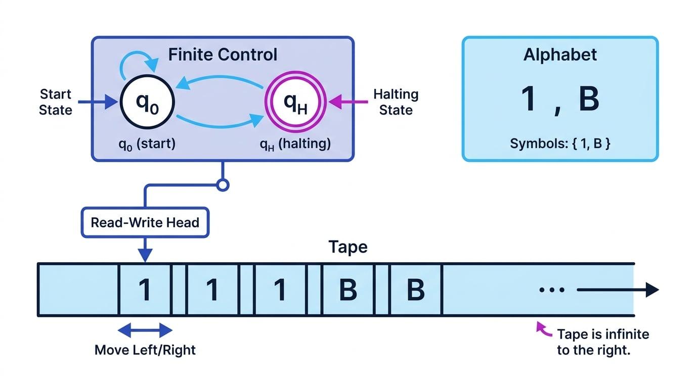 One-tape Turing machine showing a tape of squares, a read-write head above the tape, states q0 and qH, and alphabet symbols 1 and B