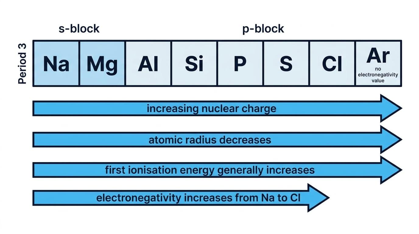 Period 3 row from sodium to argon labelled s-block and p-block, with arrows showing increasing nuclear charge, decreasing atomic radius, generally increasing first ionisation energy, and increasing electronegativity to chlorine