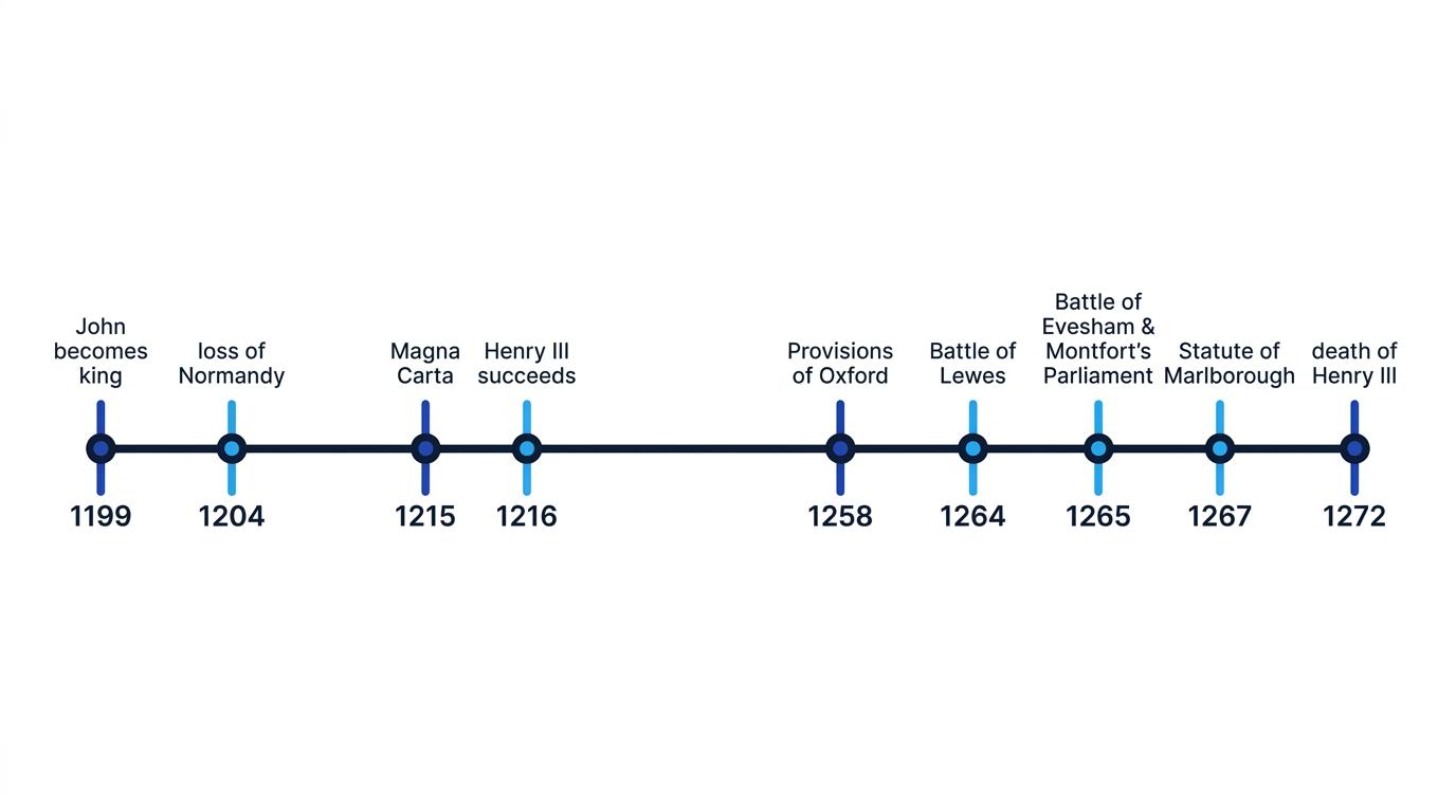 Timeline of England 1199 to 1272 showing John becoming king, the loss of Normandy, Magna Carta, Henry III's accession, the Provisions of Oxford, Lewes, Evesham, the Statute of Marlborough and Henry III's death