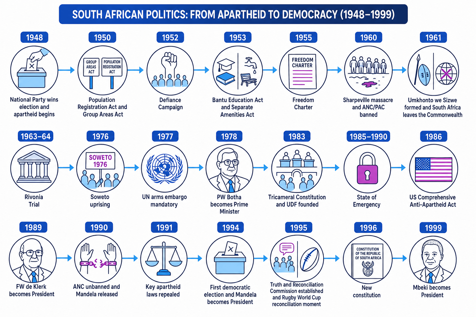 Timeline of South African politics from apartheid to democracy, 1948-1999, marking key laws, protests, negotiations and transition