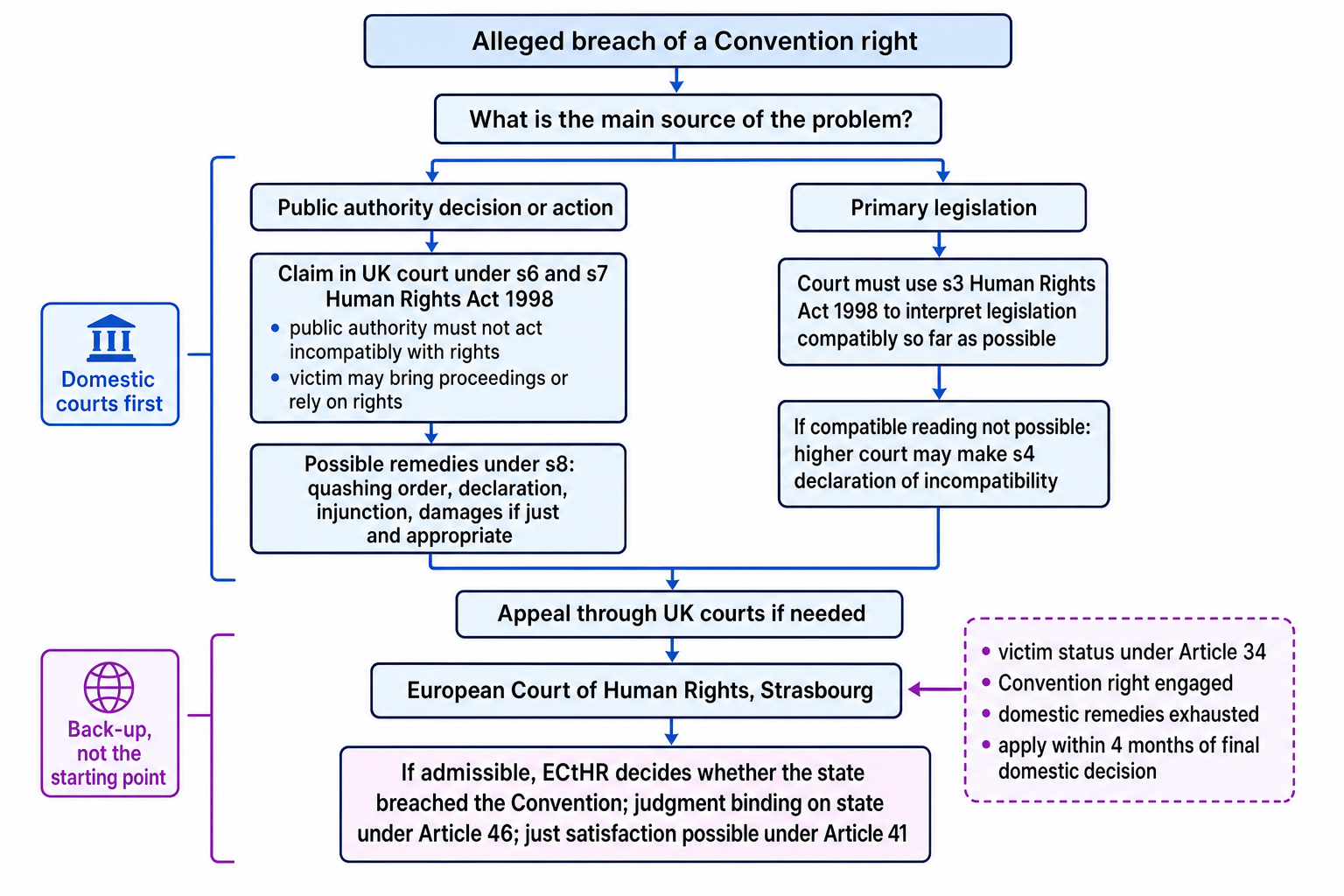 Flowchart of human rights enforcement route showing UK court claims under the Human Rights Act, s3 interpretation, s4 declaration of incompatibility, and Strasbourg admissibility rules