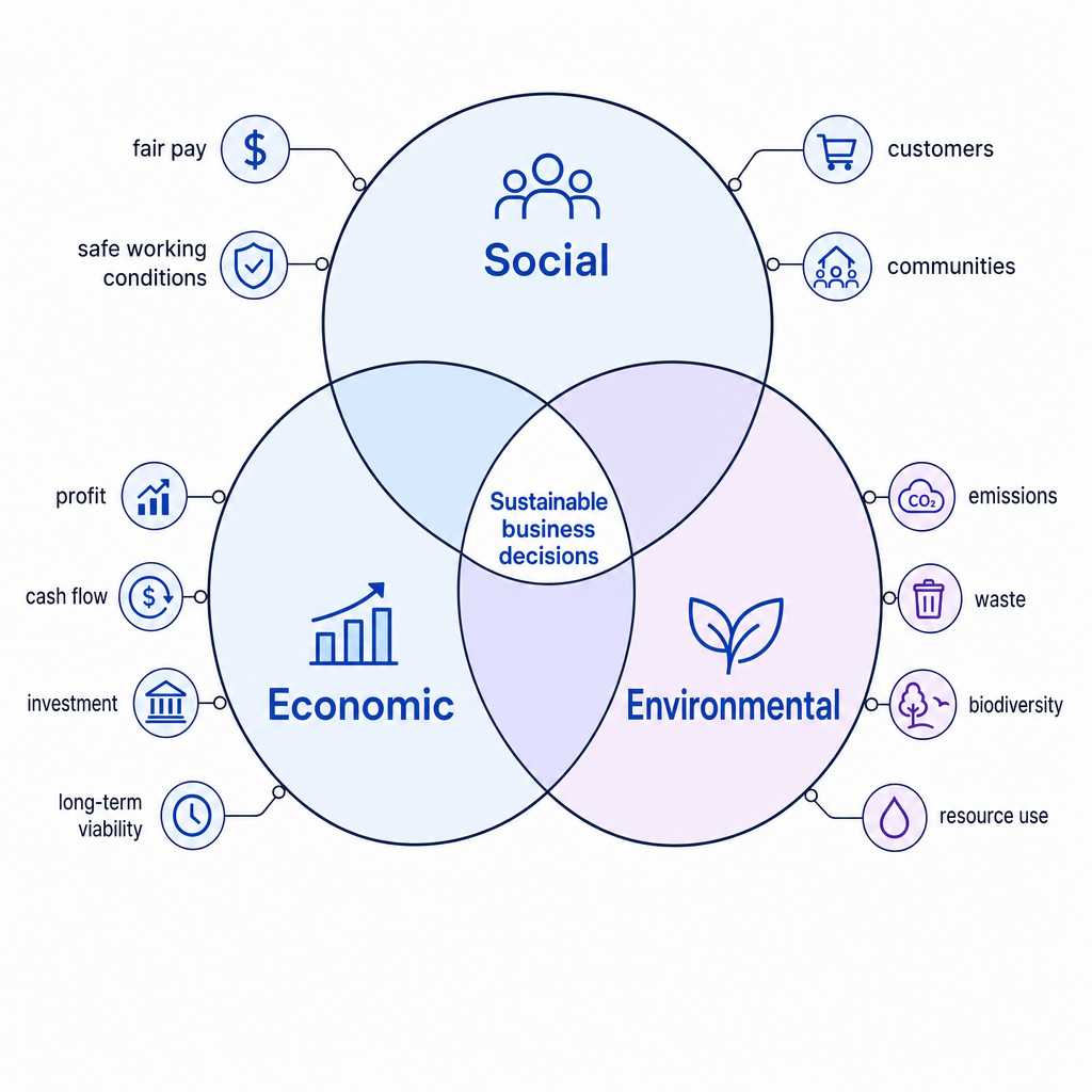 Venn diagram of three overlapping circles labelled Social, Economic, and Environmental with Sustainable business decisions at the centre