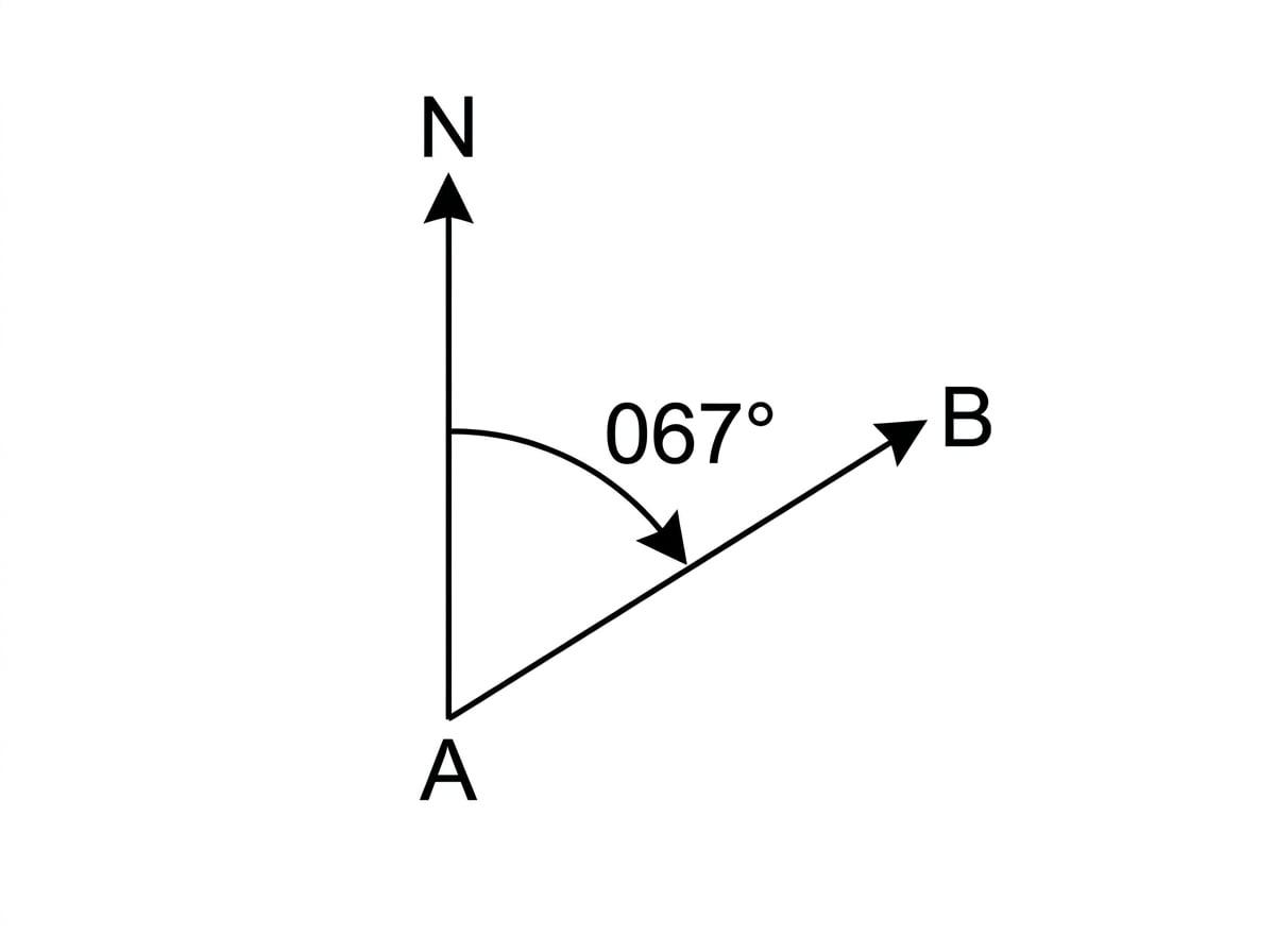 Bearing measured clockwise from the North line at A to line AB labelled 067 degrees