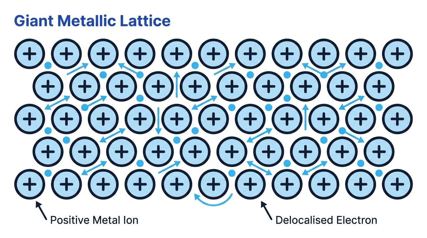 Cross-section of a giant metallic lattice with layers of positive metal ions and delocalised electrons moving between them