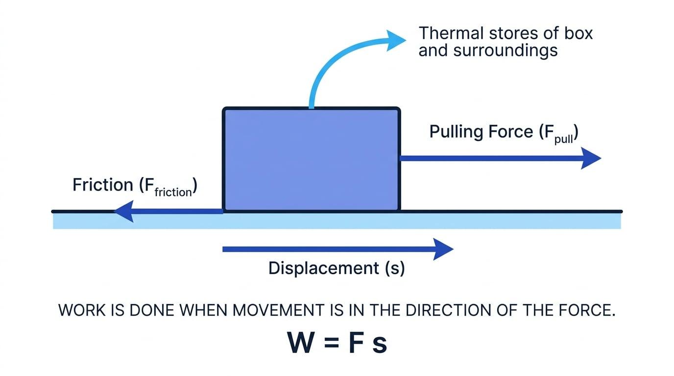 Box pulled across a rough surface with pulling force, friction, displacement, and energy transfer to thermal stores labelled