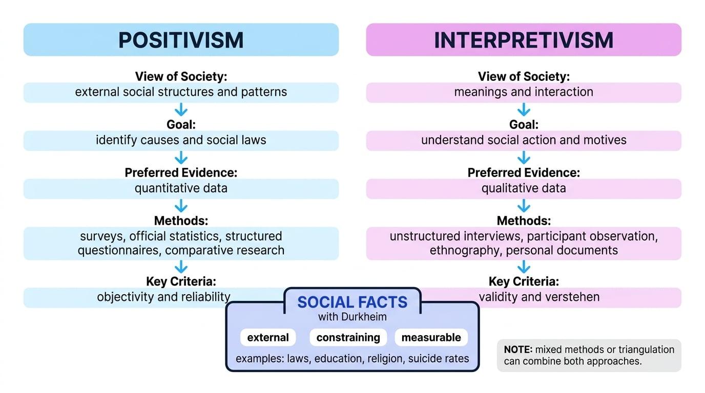 Comparison diagram showing positivism and interpretivism from views of society to preferred evidence and methods, with Durkheim's social facts in the centre