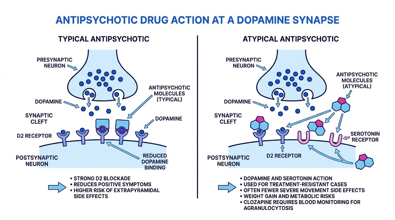 Schematic of a dopamine synapse showing D2 receptor blockade by typical antipsychotics and dopamine plus serotonin action by atypical antipsychotics