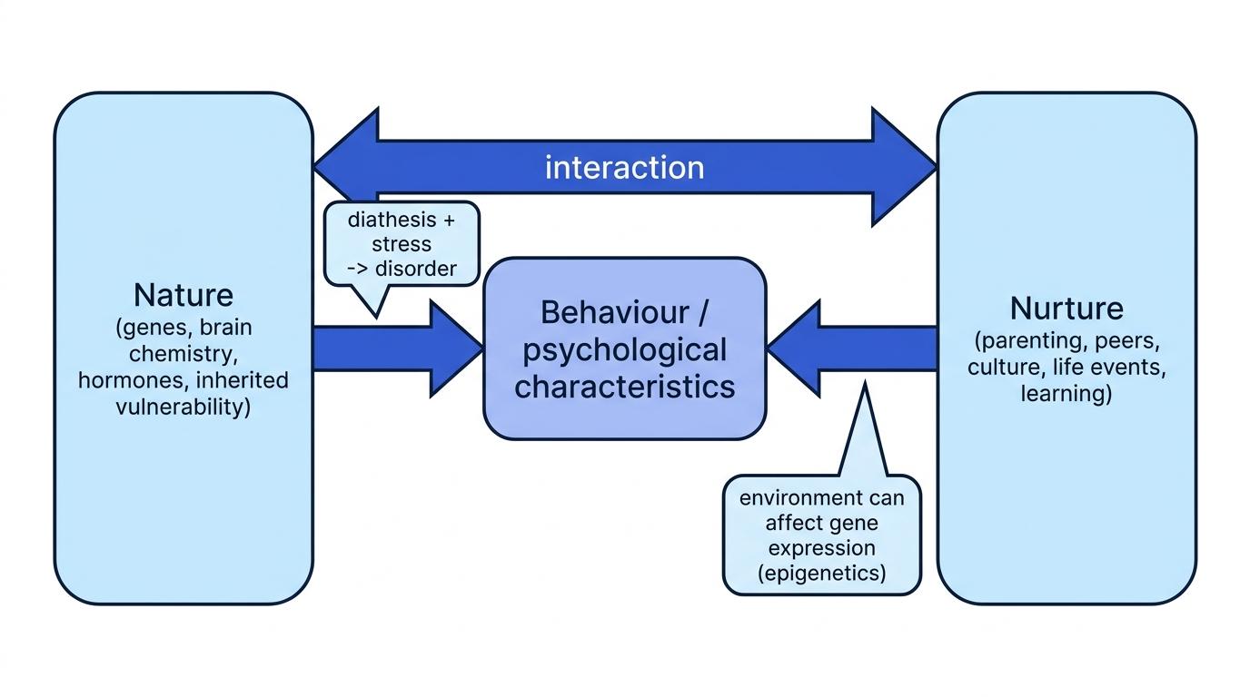 Concept diagram showing nature and nurture both influencing behaviour with interaction, diathesis-stress, and epigenetics labelled