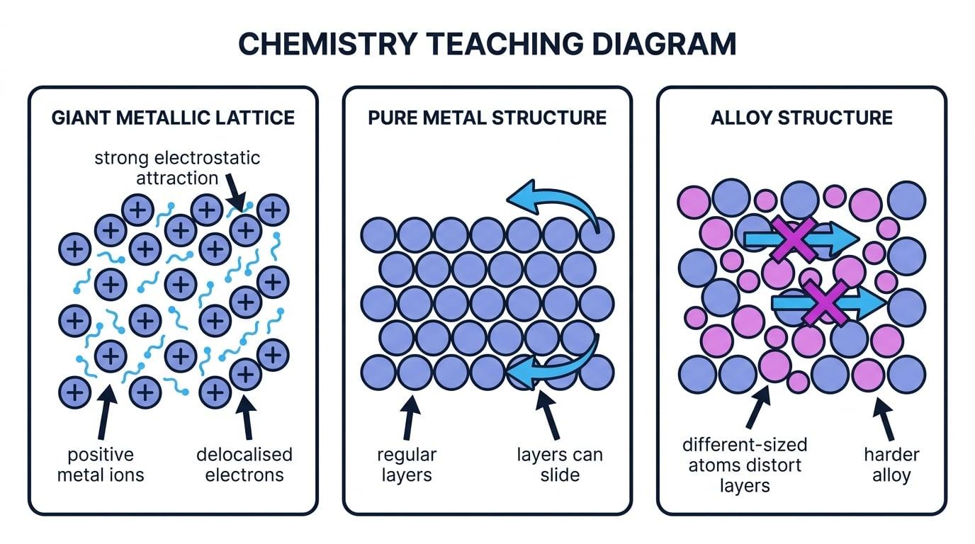 Three-panel figure showing positive metal ions with delocalised electrons, sliding layers in a pure metal, and distorted layers in an alloy