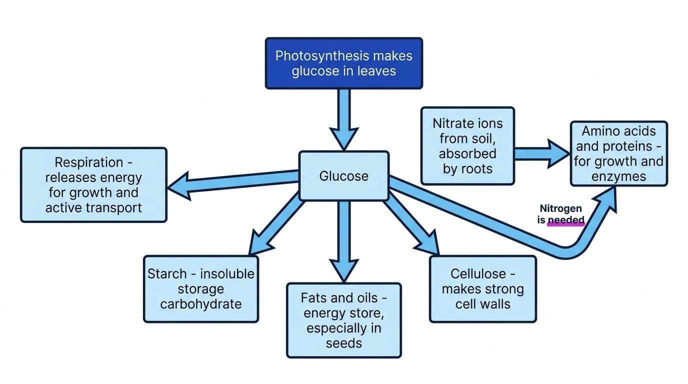 Flow chart showing glucose from photosynthesis being used for respiration, starch, fats and oils, cellulose, and amino acids and proteins, with nitrate ions feeding into protein production