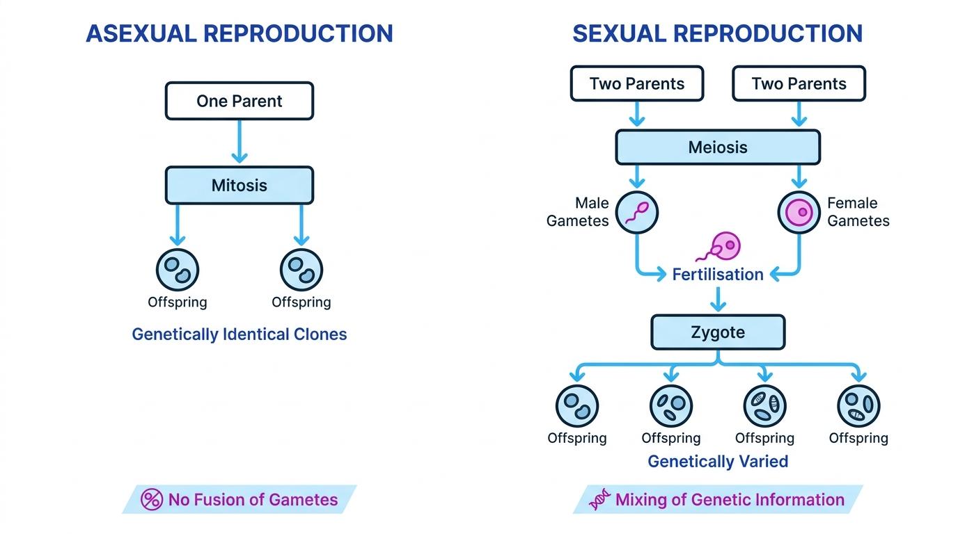 Flowchart comparing asexual reproduction with one parent and mitosis producing identical clones, and sexual reproduction with meiosis, gametes, fertilisation, zygote and varied offspring