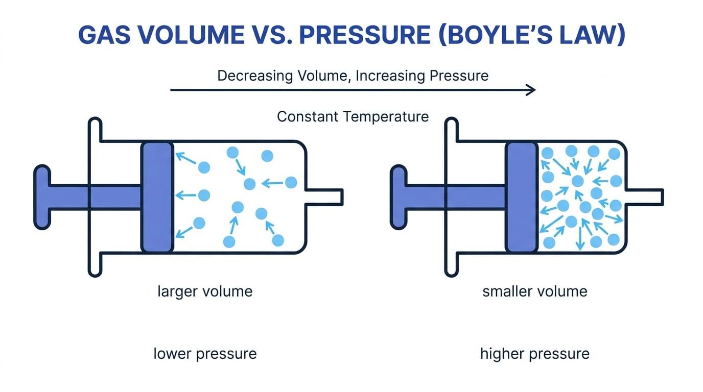 Two syringes containing the same gas at constant temperature, showing larger volume with lower pressure and smaller volume with higher pressure