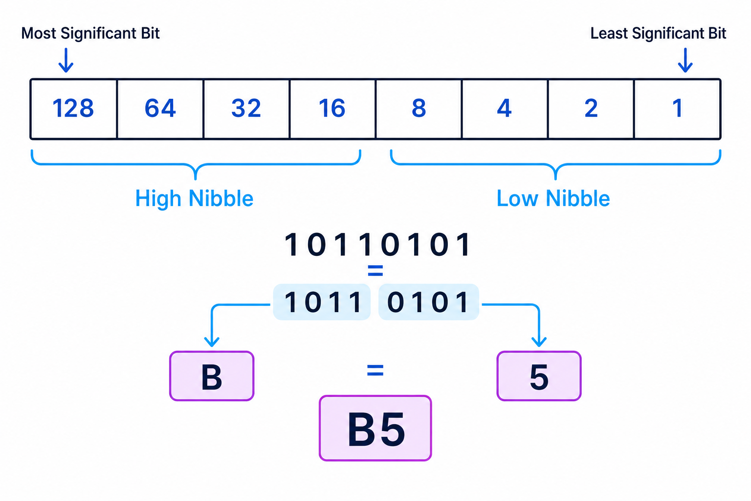 8-bit place value chart showing 128 to 1, two nibbles, and 10110101 converting to hexadecimal B5