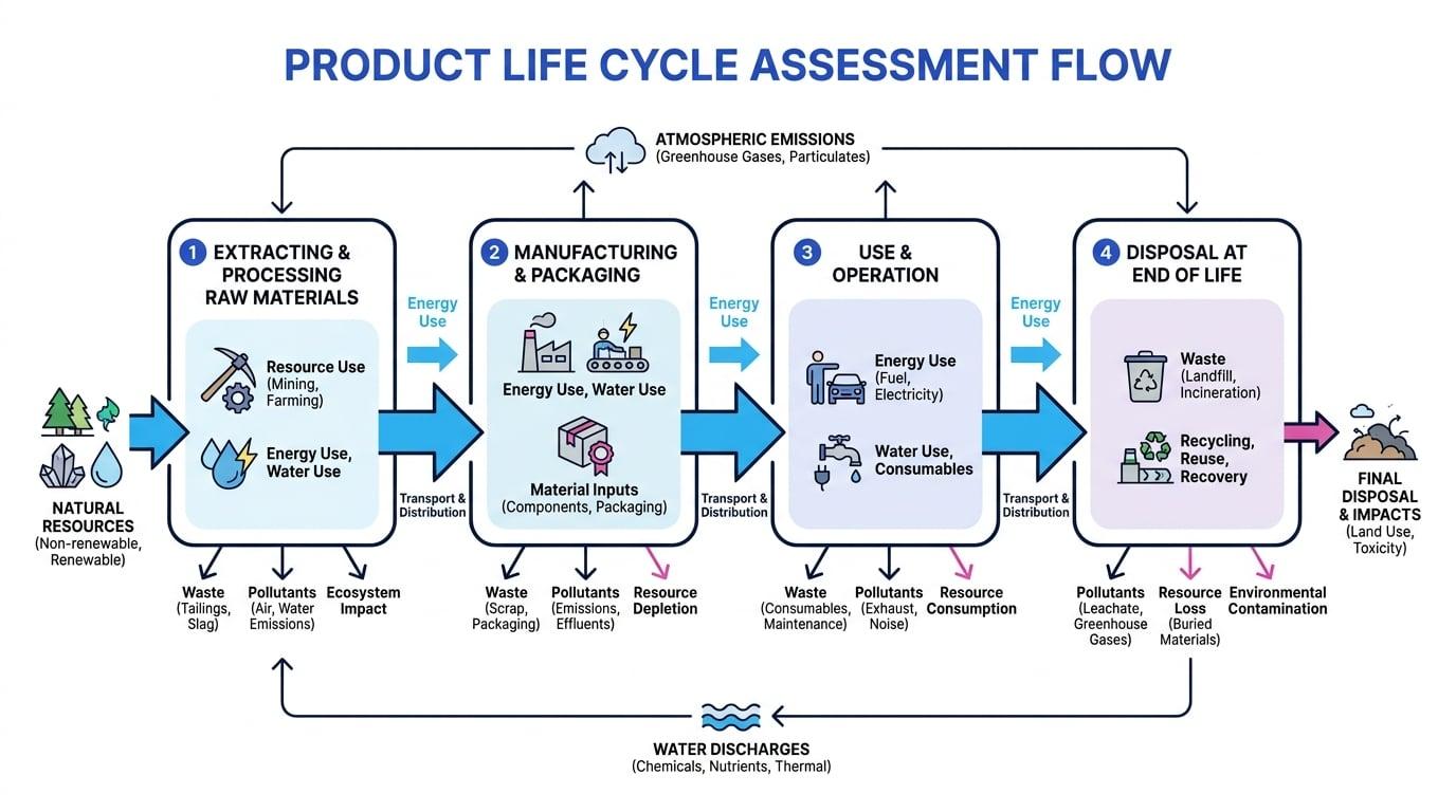 Flow diagram of a product life cycle assessment showing extracting and processing raw materials, manufacturing and packaging, use and operation, disposal at end of life, and transport between stages