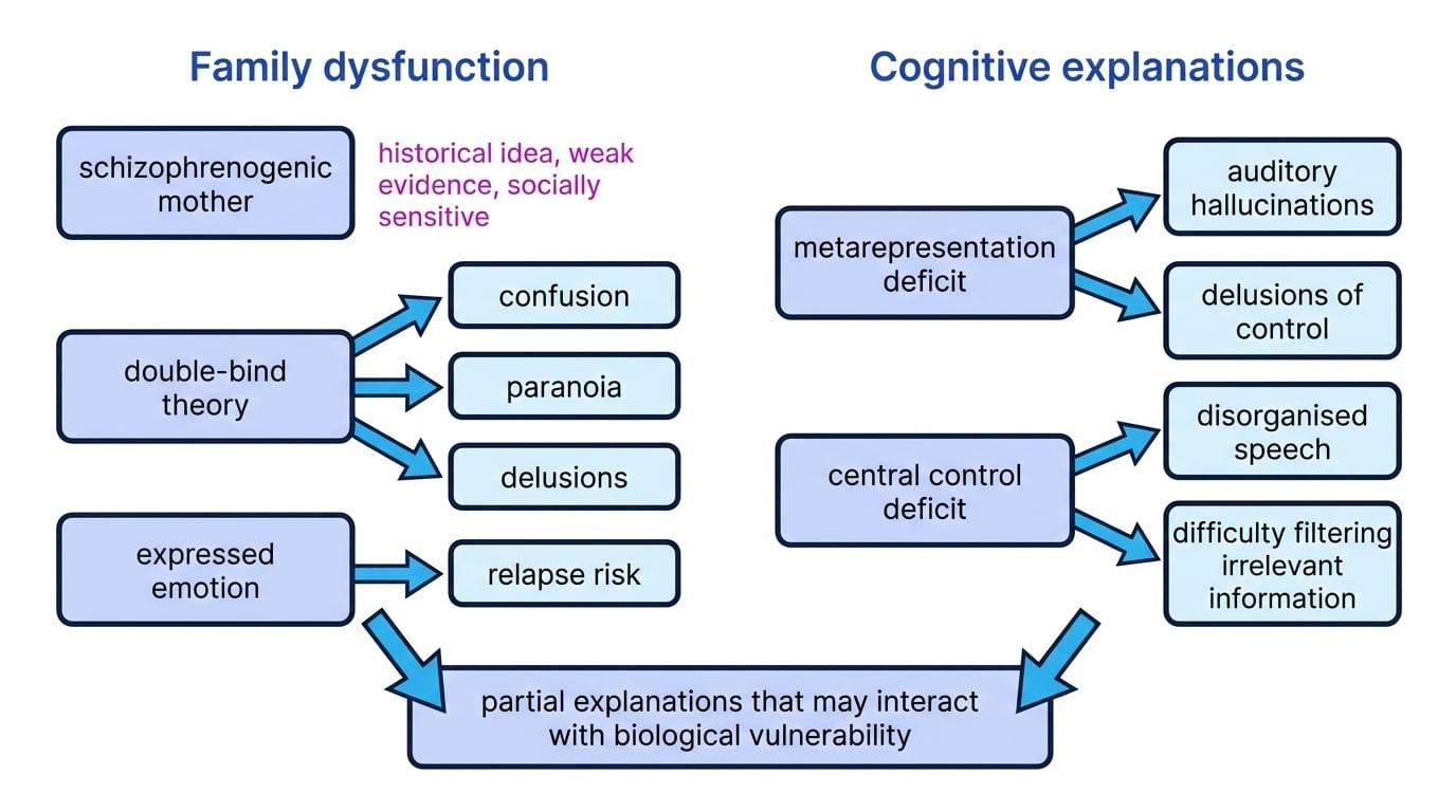 Flowchart comparing family dysfunction and cognitive explanations for schizophrenia with symptom links and relapse risk