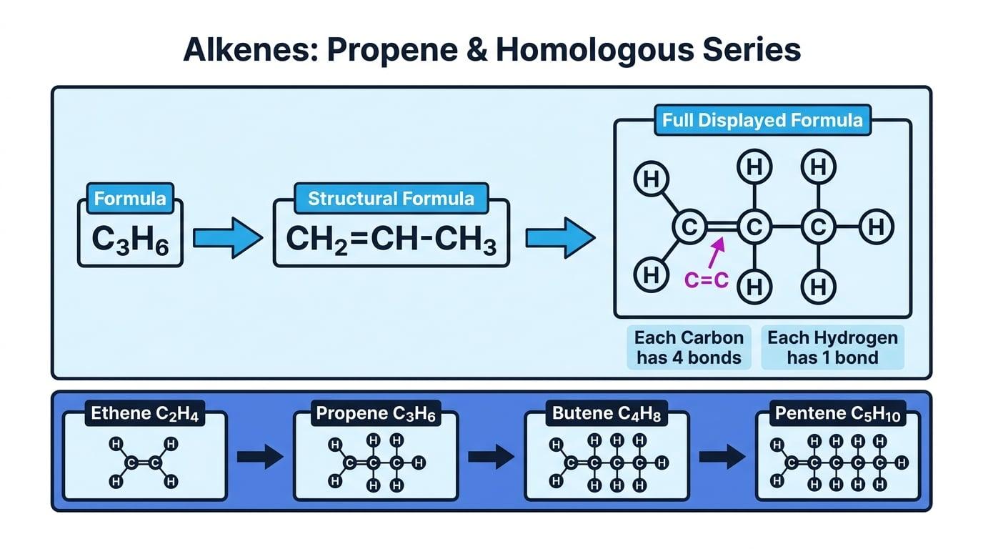 Propene shown as molecular formula C_3H_6, shortened structural formula CH_2=CH-CH_3, and full displayed formula, with the first four alkenes listed below