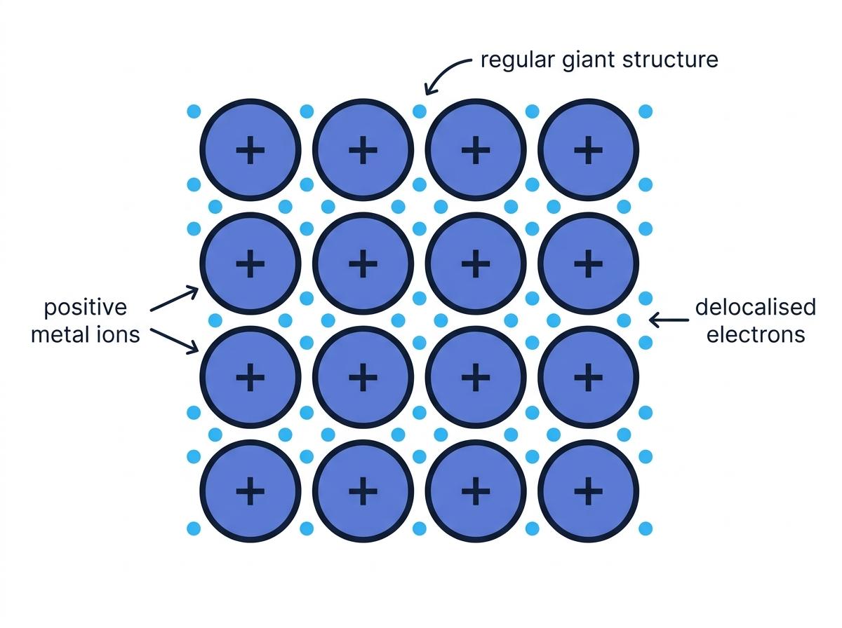 Regular rows of positive metal ions with plus signs and delocalised electrons spread between them through a giant metallic lattice
