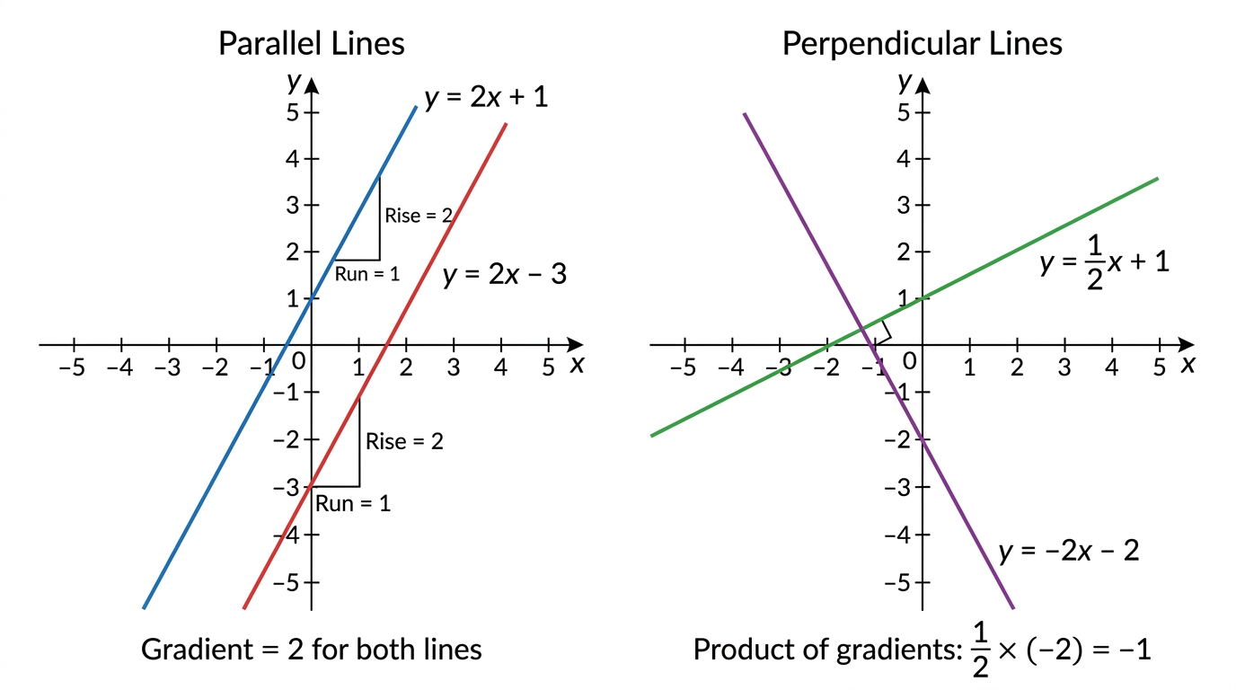 Side-by-side coordinate graphs showing parallel lines with matching rise-run triangles and perpendicular lines meeting at a right angle