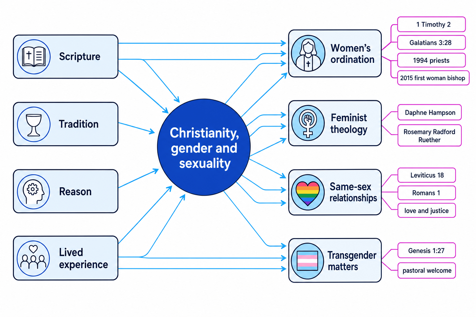 Concept map showing Scripture, tradition, reason and lived experience feeding debates about women's ordination, feminist theology, same-sex relationships and transgender matters