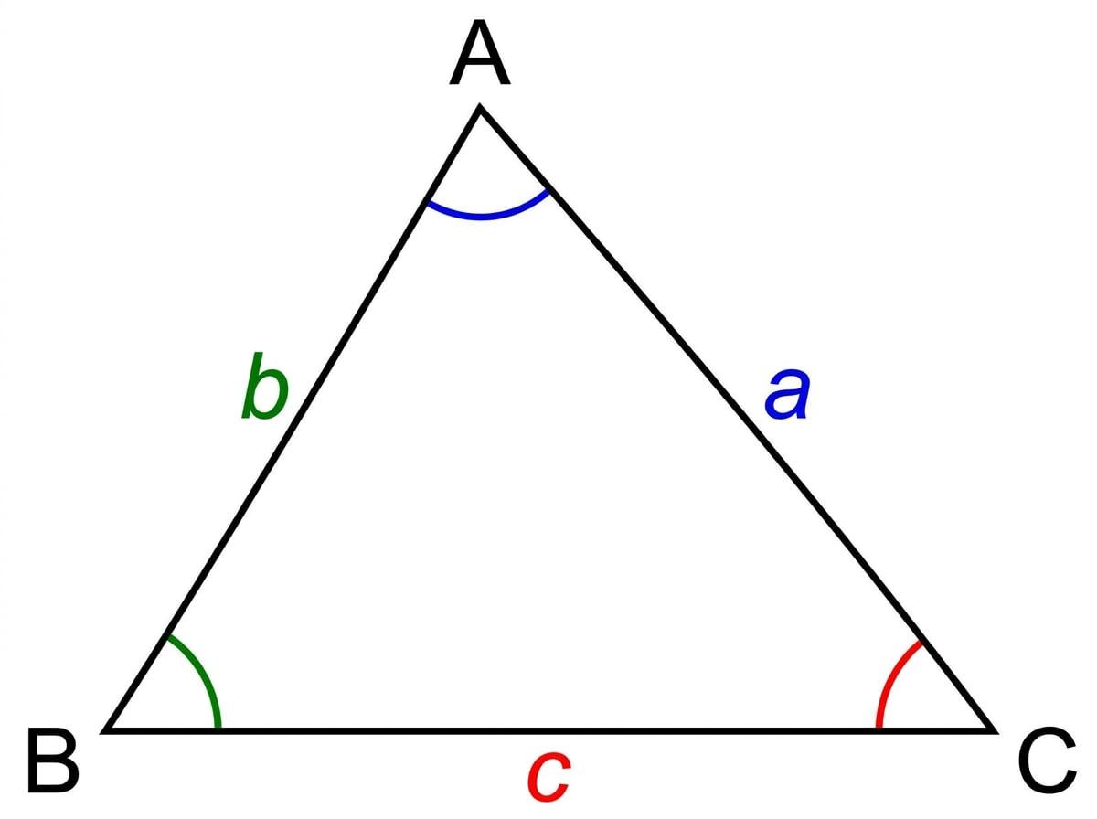 Triangle ABC with angles A, B, C and opposite sides a, b, c colour matched