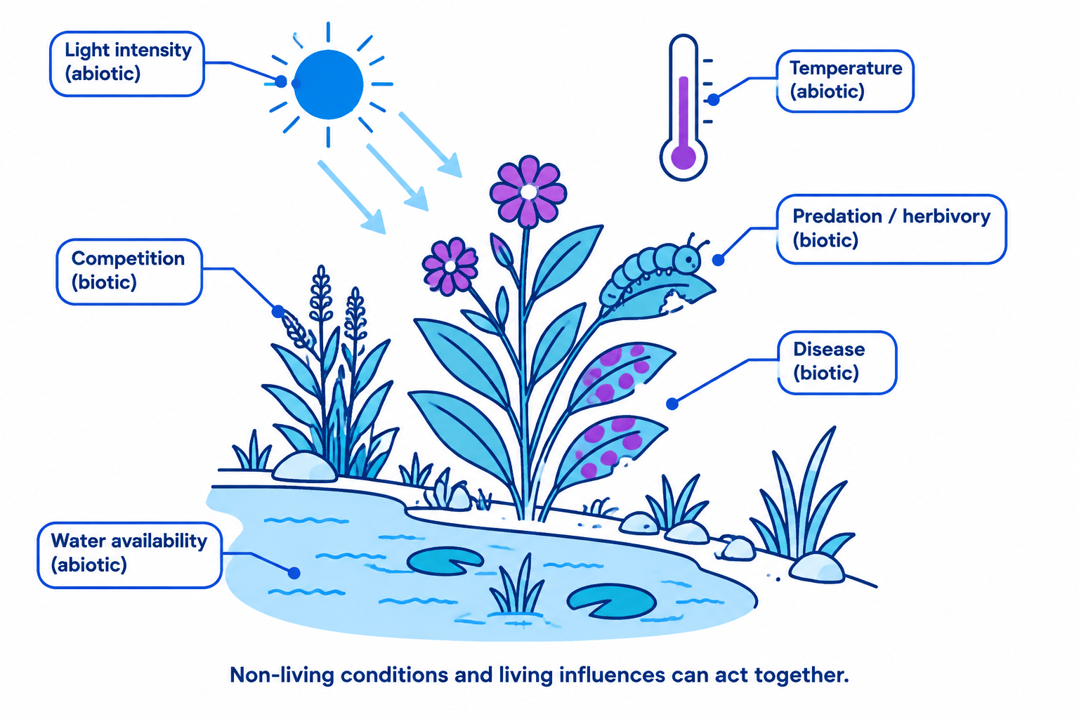 Pond-edge plant community showing light intensity, water availability and temperature as abiotic factors, and competition, herbivory and disease as biotic factors
