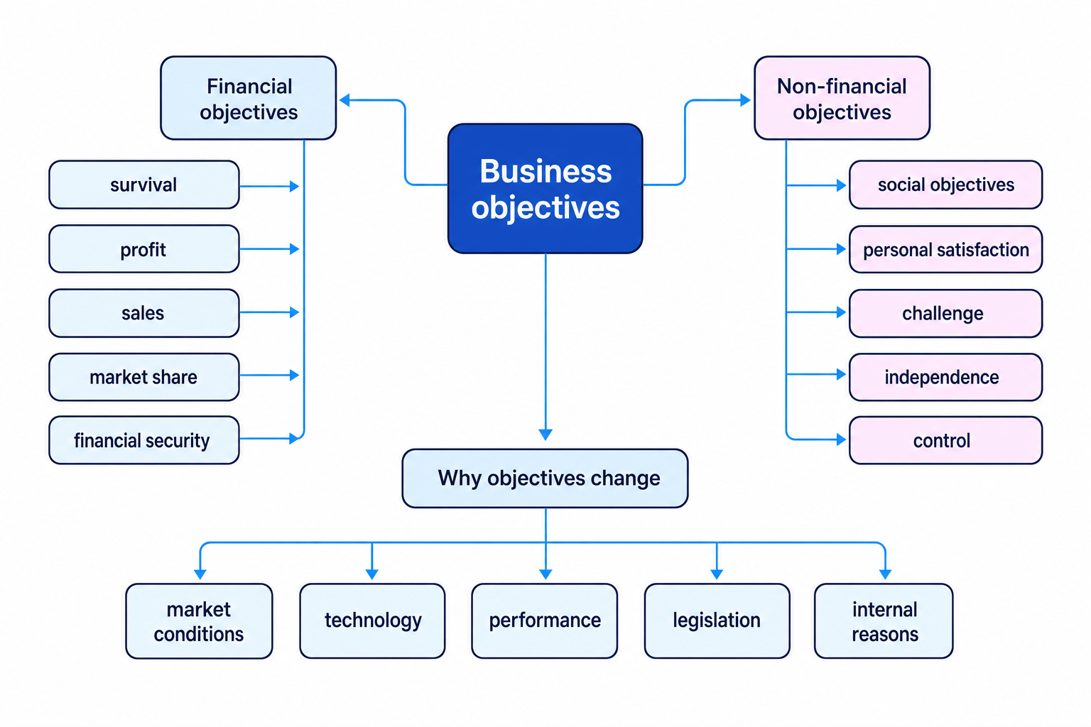 Concept map linking business objectives to financial objectives, non-financial objectives, and reasons business objectives change