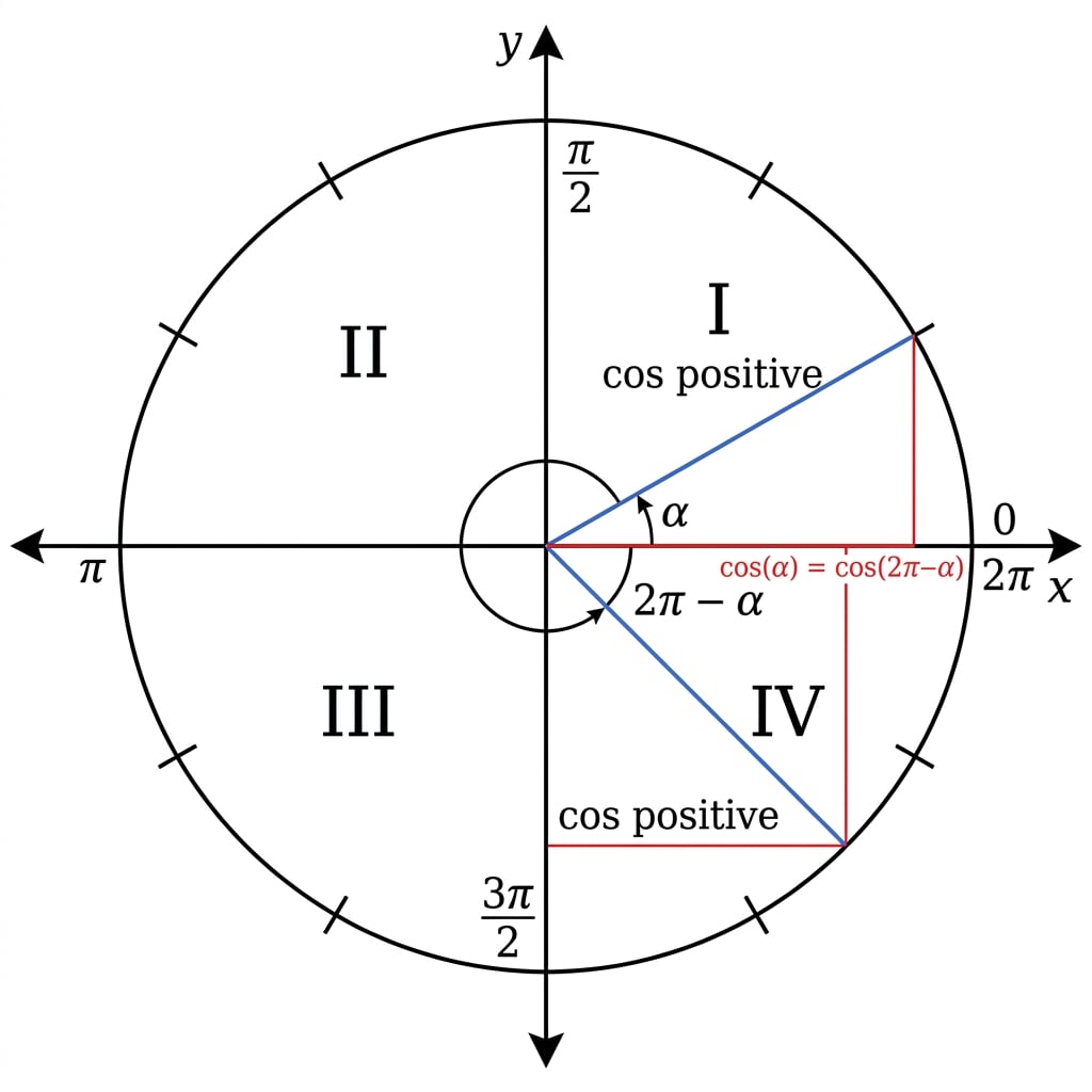 Unit circle with quadrants labelled, reference angle alpha in quadrant I, matching angle 2π-alpha in quadrant IV, and cosine positive shown in quadrants I and IV