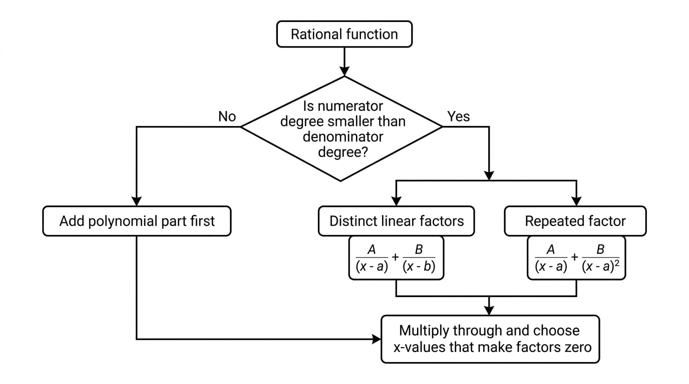 Flowchart showing how to choose a partial fraction form by checking whether a fraction is proper, whether factors are distinct or repeated, and when to add a polynomial part