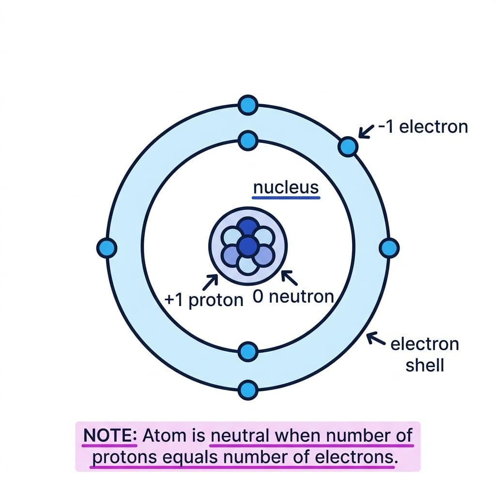 Labelled nuclear model of an atom showing protons and neutrons in the nucleus and electrons in shells, with charges +1, 0 and -1 marked