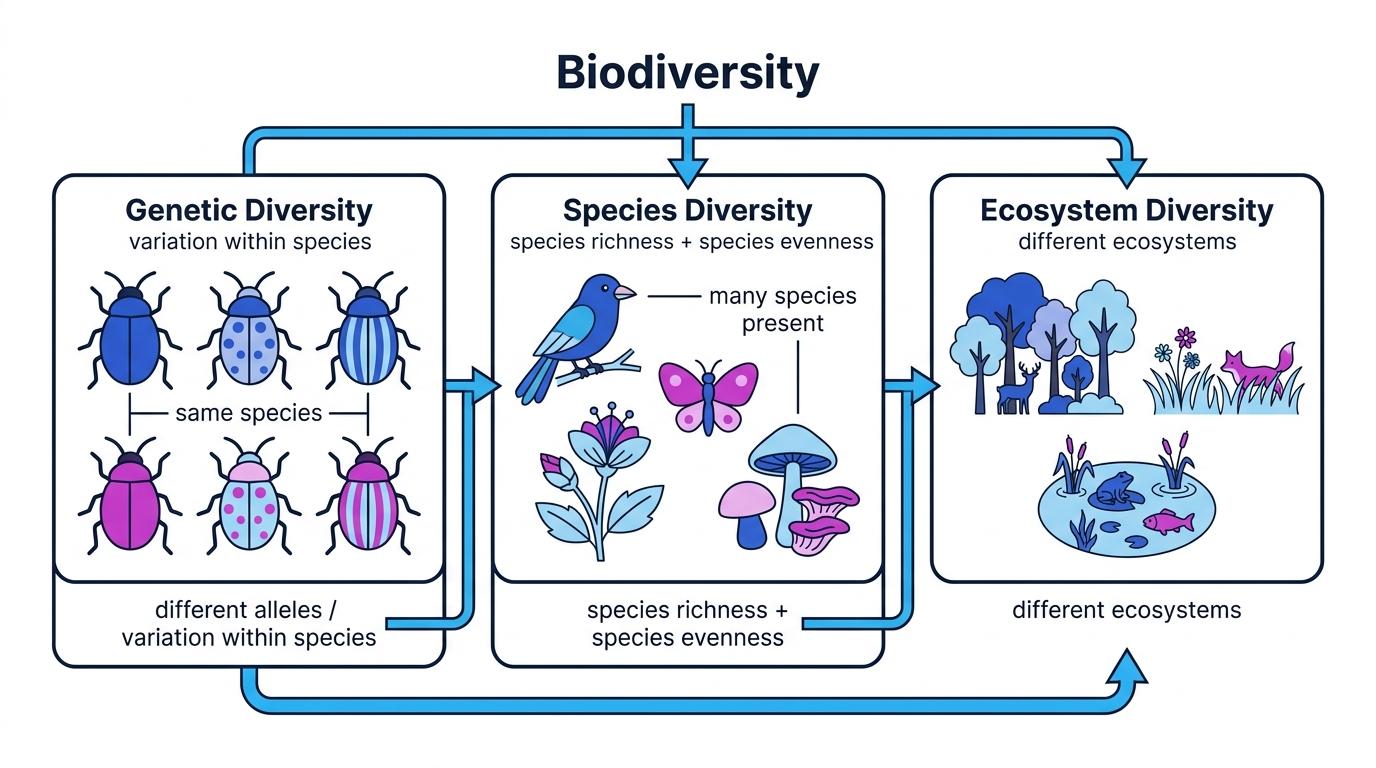Three linked panels showing biodiversity as genetic diversity within one species, species diversity in a community, and ecosystem diversity across woodland, grassland and pond habitats
