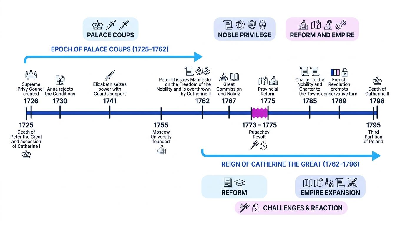 Annotated timeline of Enlightenment Russia from 1725 to 1796 showing palace coups, Catherine II's reforms and foreign expansion