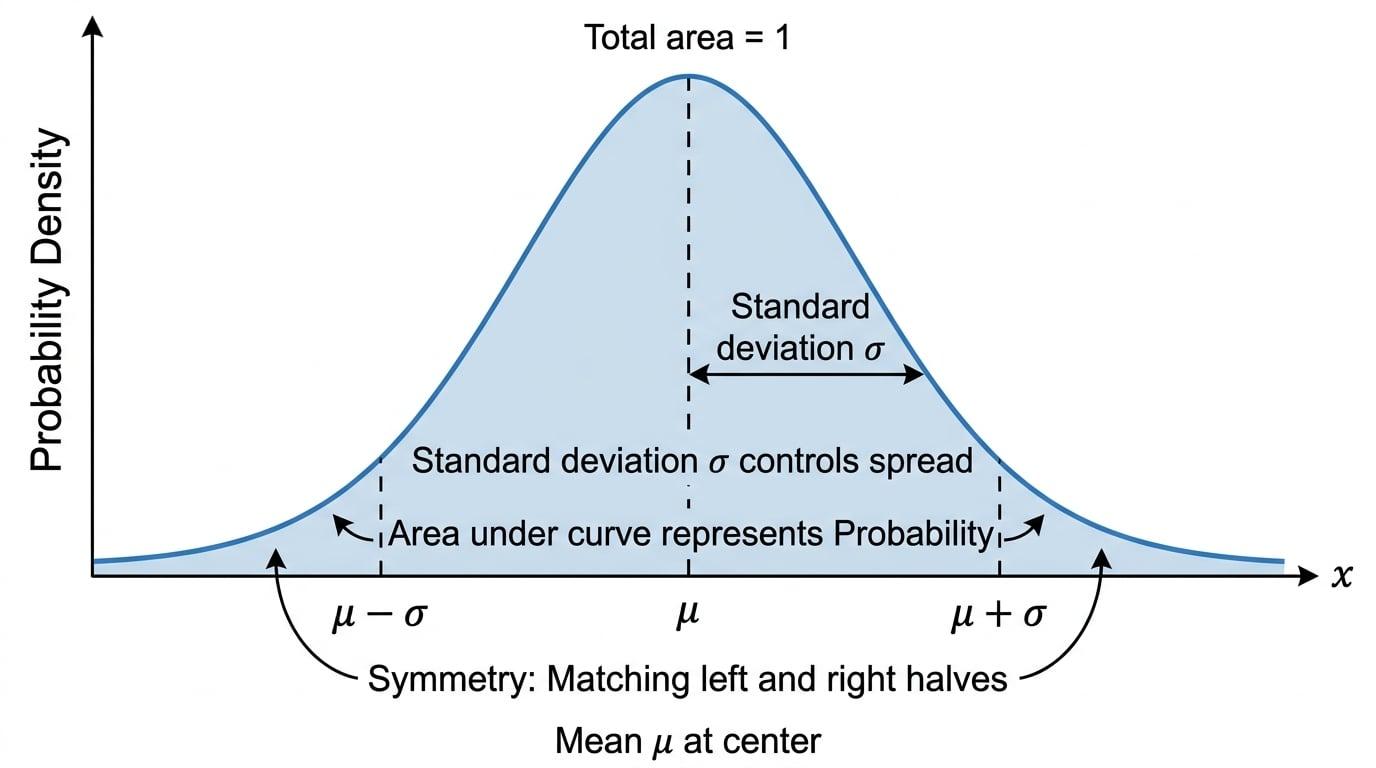 Bell curve with mean mu at the centre, mu minus sigma and mu plus sigma marked, and equal left and right areas showing symmetry