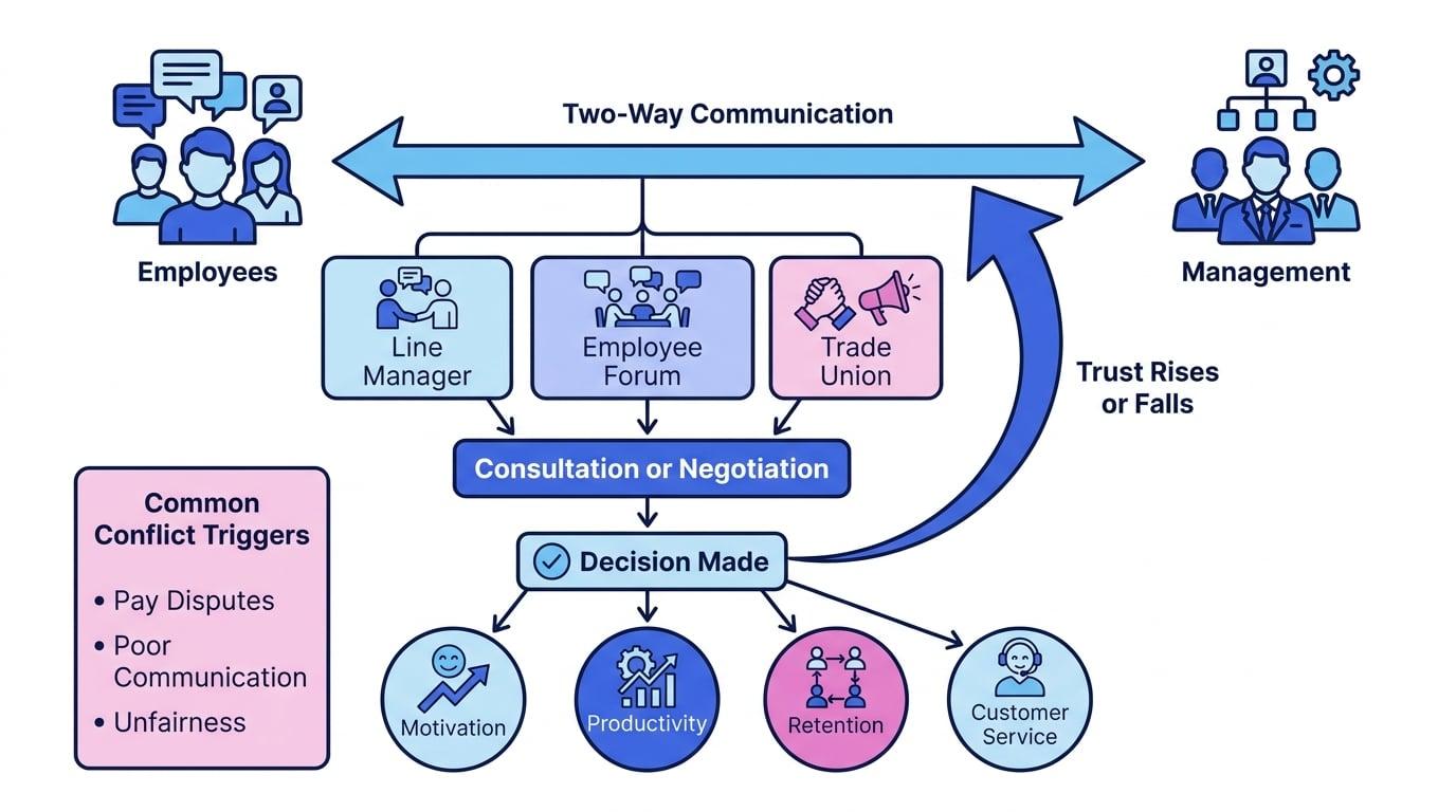 Flow diagram showing employees and management linked by two-way communication, voice channels through line manager, employee forum and trade union, consultation or negotiation, decisions, business outcomes and trust rising or falling