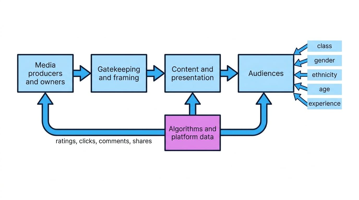 Flow diagram showing media producers and owners leading through gatekeeping and framing to content and presentation, then audiences, with algorithms and platform data and feedback through ratings, clicks, comments and shares