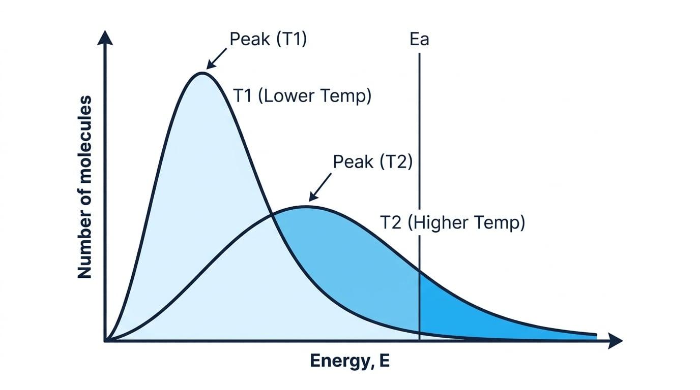 Maxwell-Boltzmann curves for the same gas sample at lower and higher temperature with a fixed activation energy line and a larger high-energy area at higher temperature