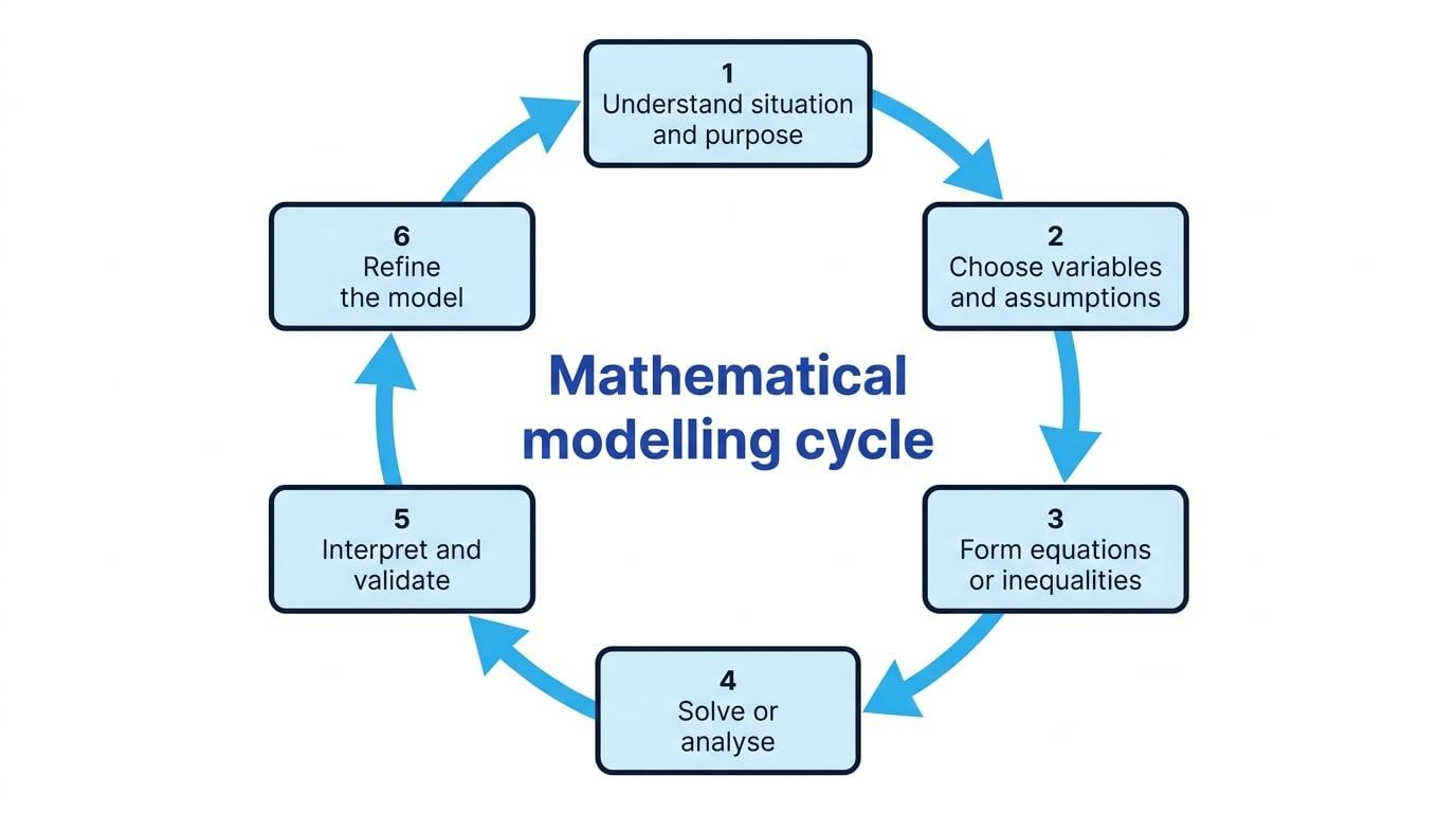 A six-stage mathematical modelling cycle from understanding the situation through choosing variables, forming equations, solving, validating and refining