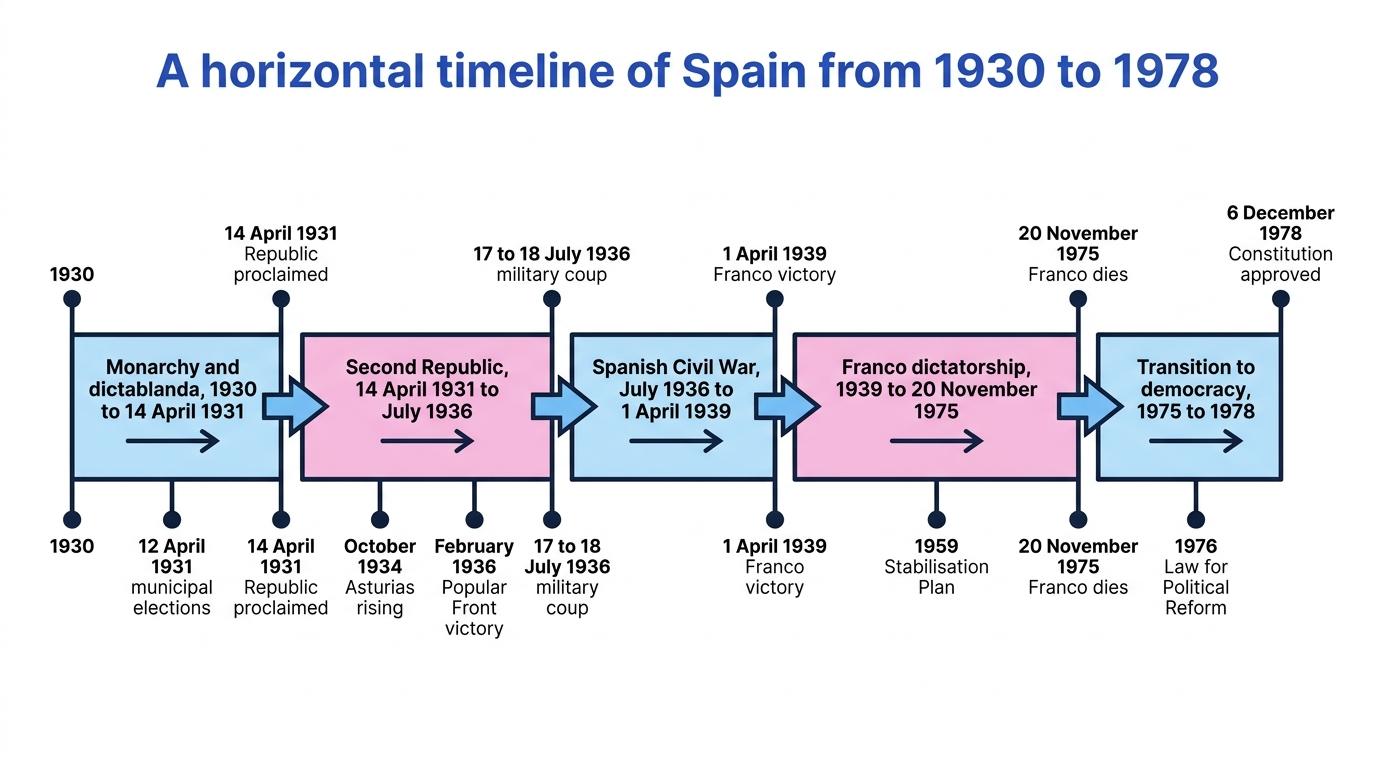 Timeline of Spain from 1930 to 1978 showing monarchy, republic, civil war, Franco dictatorship and transition to democracy with key dates marked
