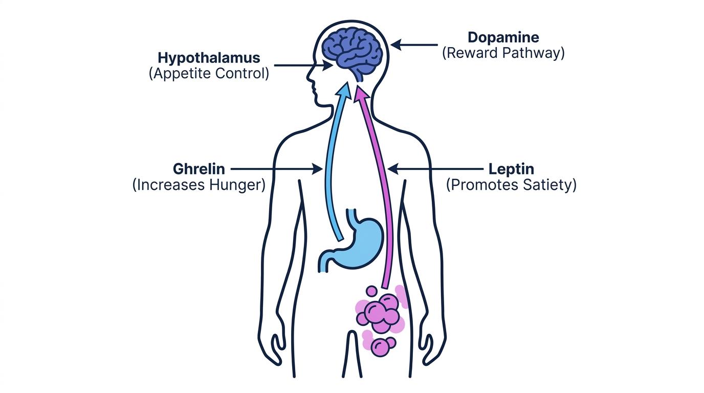 Diagram showing hormones Leptin from fat cells and Ghrelin from stomach signaling the Hypothalamus, and the Dopamine reward pathway