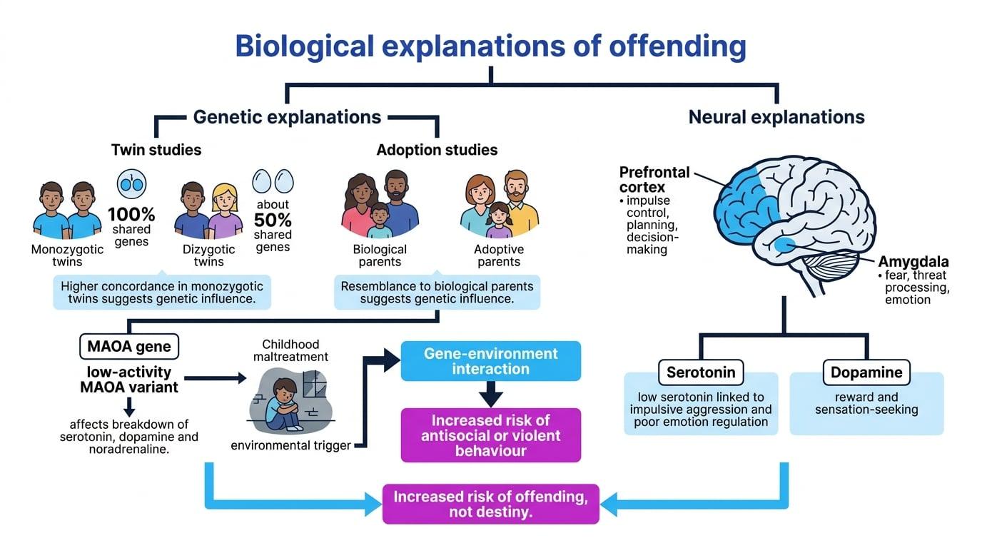 Concept map of biological explanations of offending showing genetic evidence, gene-environment interaction, prefrontal cortex, amygdala, serotonin, dopamine, and increased risk not destiny