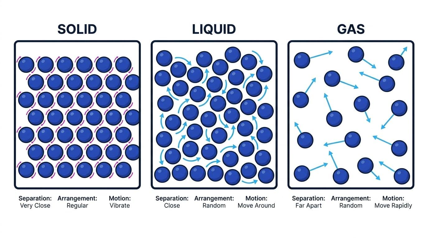 Particle model comparison showing solid, liquid and gas with particle spacing, arrangement and motion labelled