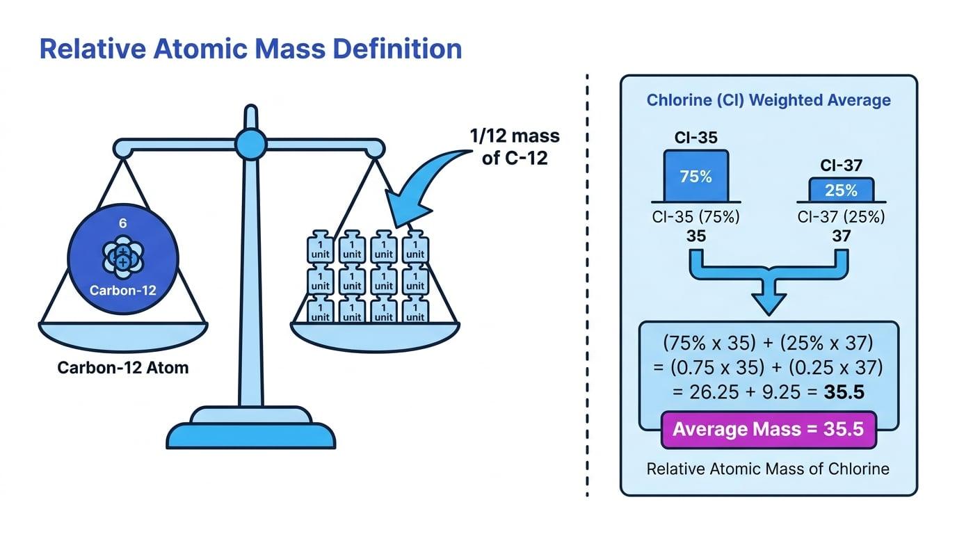 A schematic diagram comparing a Carbon-12 atom on a balance scale with twelve 1-unit weights, indicating that 1 unit is 1/12th the mass of C-12. Beside it, a weighted average calculation for Chlorine yields 35.5.