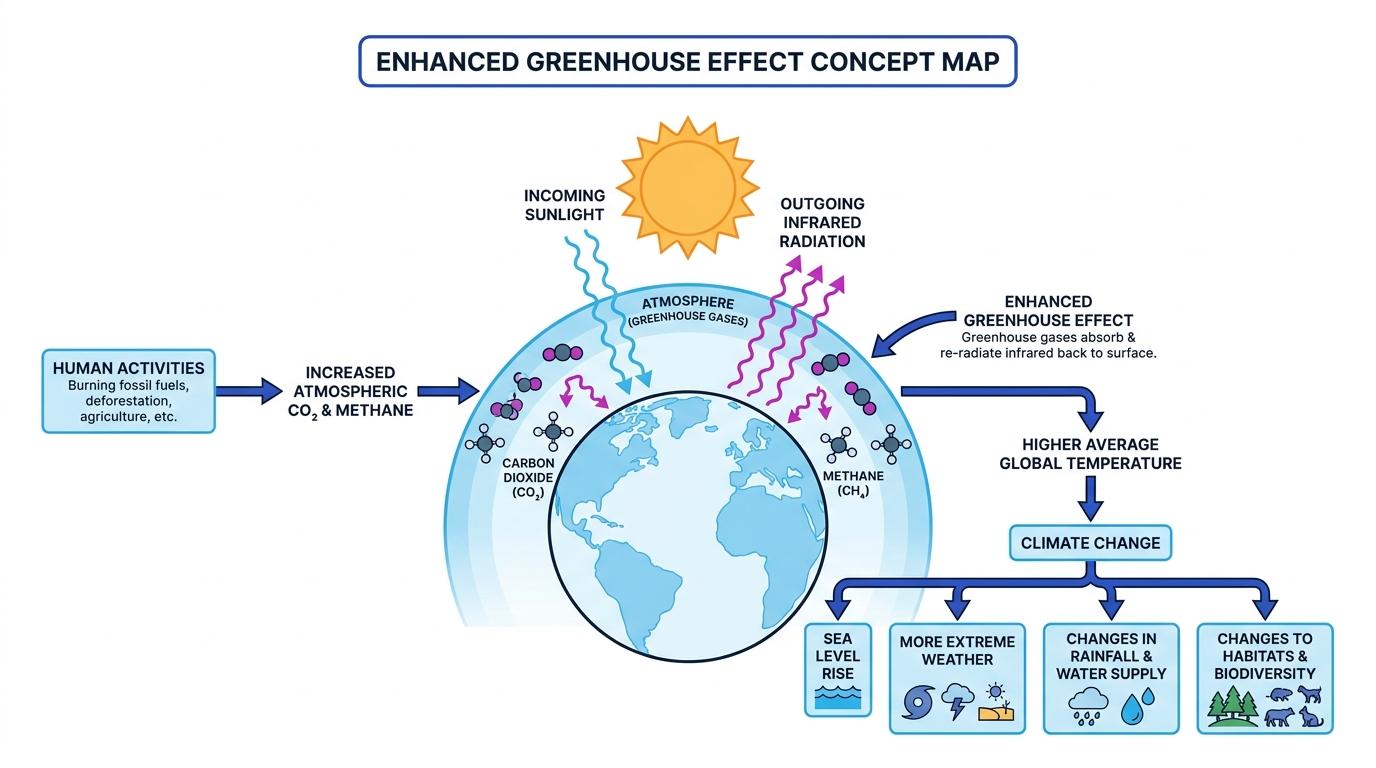 Concept map showing human activities increasing carbon dioxide and methane, leading to an enhanced greenhouse effect, higher average global temperature and four climate change effects