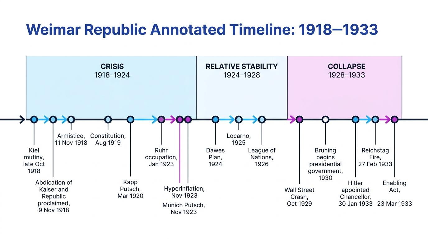 Annotated timeline of the Weimar Republic showing the phases crisis, relative stability and collapse with key events from 1918 to 1933