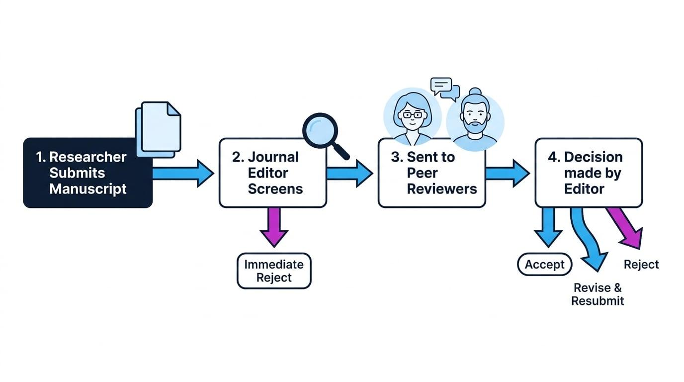 Flowchart showing peer review in the scientific process, from manuscript submission to editor screening, expert review, decision, revision, publication and wider scrutiny