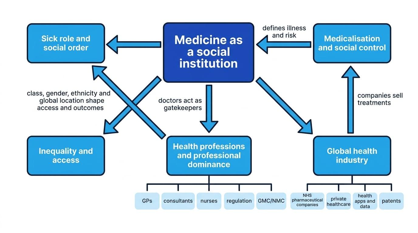 Concept map showing medicine as a social institution linked to sick role, medicalisation, professional dominance, global health industry and inequality