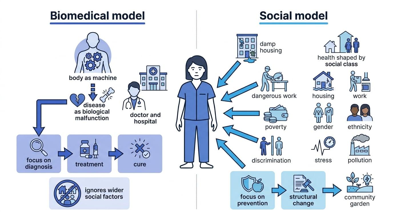 Comparison figure showing biomedical model focus on body malfunction, doctor, diagnosis, treatment, and cure versus social model focus on housing, work, poverty, discrimination, and prevention
