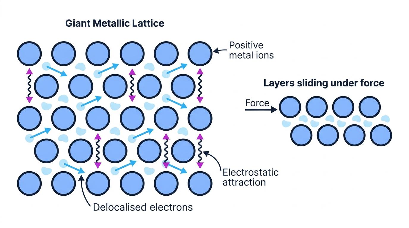 Metallic bonding diagram showing positive metal ions in a giant metallic lattice, delocalised electrons, electrostatic attraction, and layers sliding under force