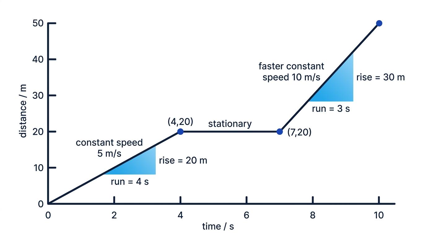 Distance-time graph with a constant-speed section, a stationary section, and a faster section, with gradient triangles shown